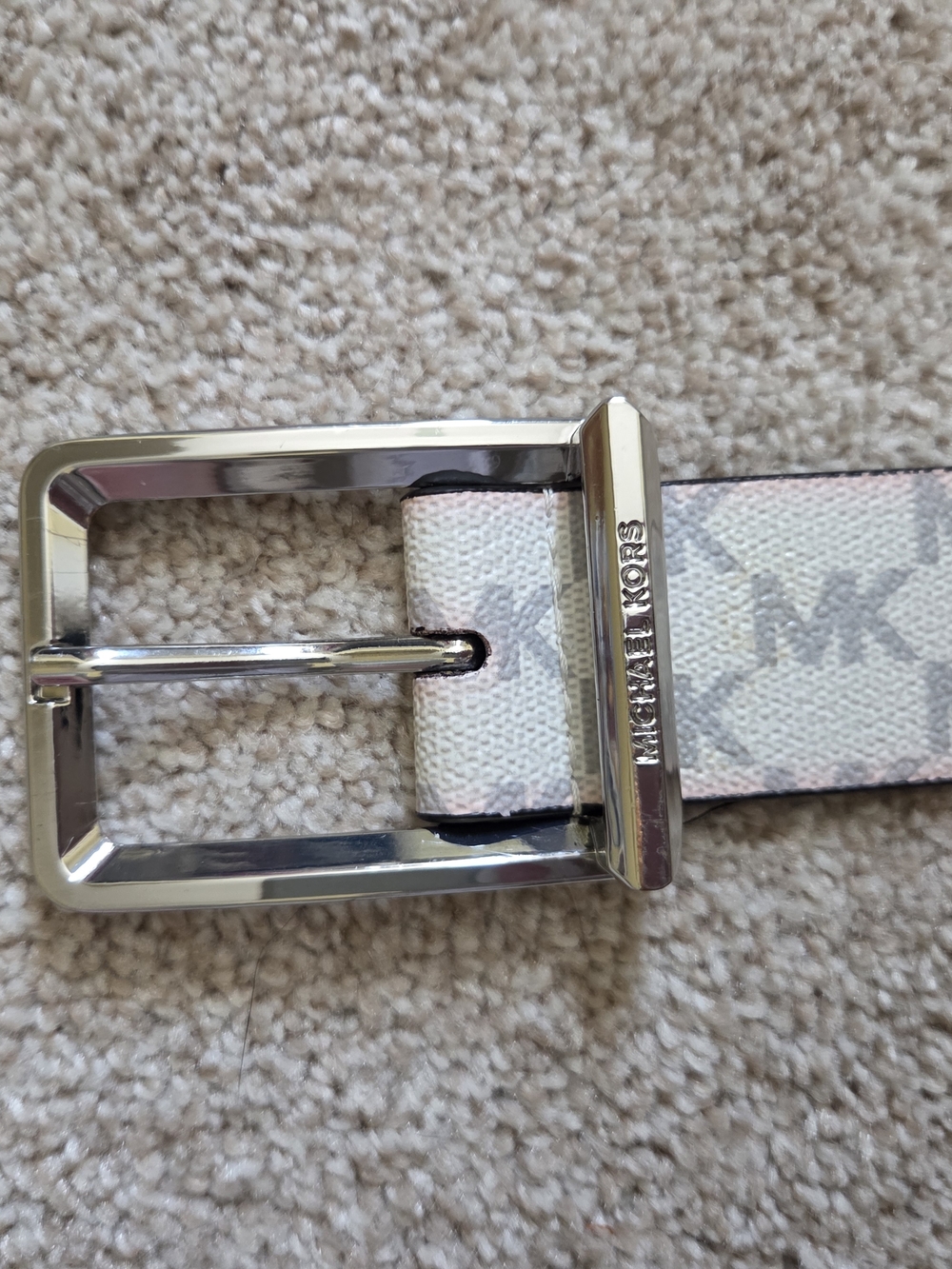 Michael Kors Women’s White and Light Gray Logo Canvas Belt with Silver Buckle